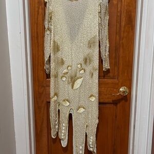 Gold and Cream Hi / low cold shoulder dress.  Beaded Embellishment